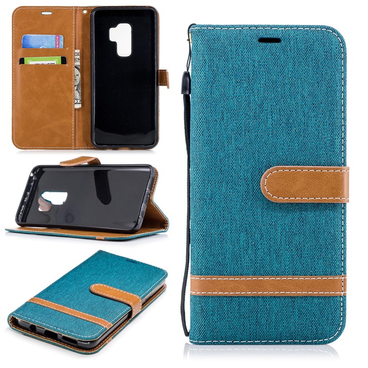 

Jeans Cloth Skin Wallet Stand Leather Cellphone Cover Shell for Samsung Galaxy S9+ G965 - Green, Galaxy S9+