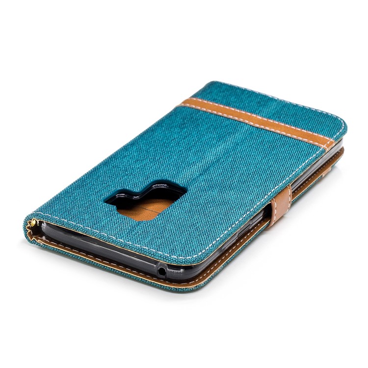 Jeans Cloth Skin Wallet Stand Leather Cellphone Cover Shell for Samsung Galaxy S9+ G965 - Green-9