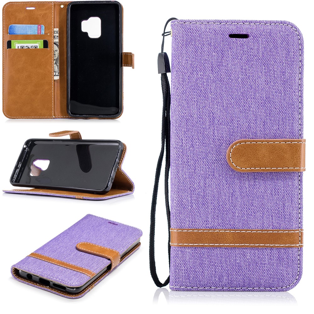 Jeans Cloth Texture Leather Wallet Stand Cover Shell for Samsung Galaxy S9 G960 - Purple-1