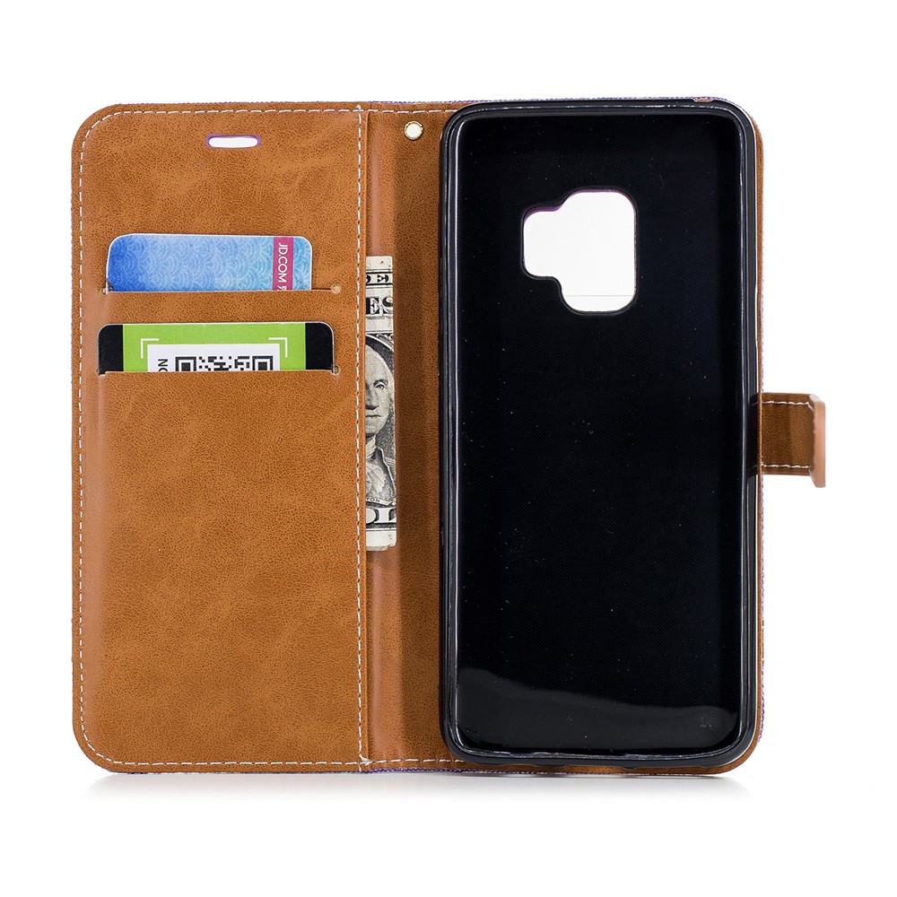Jeans Cloth Texture Leather Wallet Stand Cover Shell for Samsung Galaxy S9 G960 - Purple-10