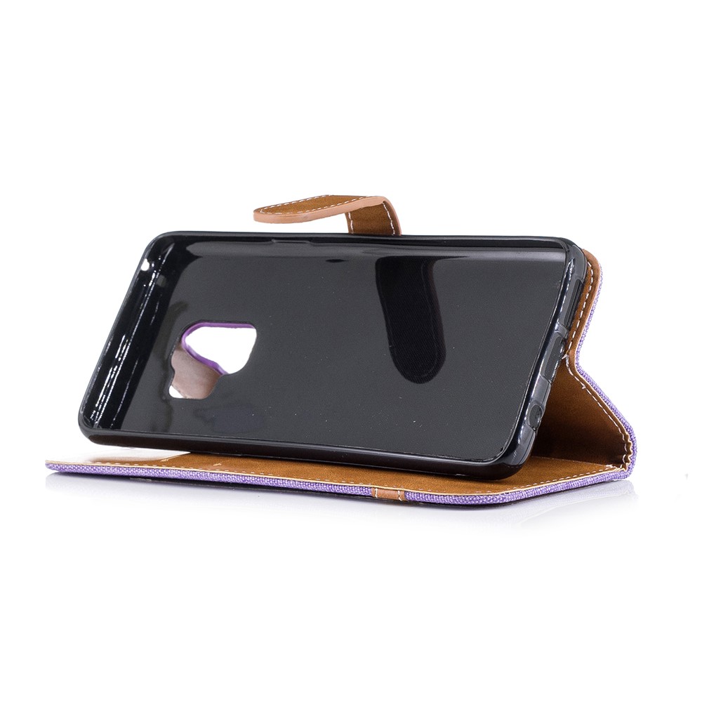 Jeans Cloth Texture Leather Wallet Stand Cover Shell for Samsung Galaxy S9 G960 - Purple-7