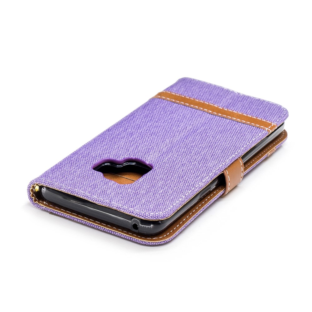 Jeans Cloth Texture Leather Wallet Stand Cover Shell for Samsung Galaxy S9 G960 - Purple-9