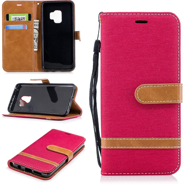 Jeans Cloth Texture Leather Wallet Stand Shell Case for Samsung Galaxy S9 G960 - Red-1