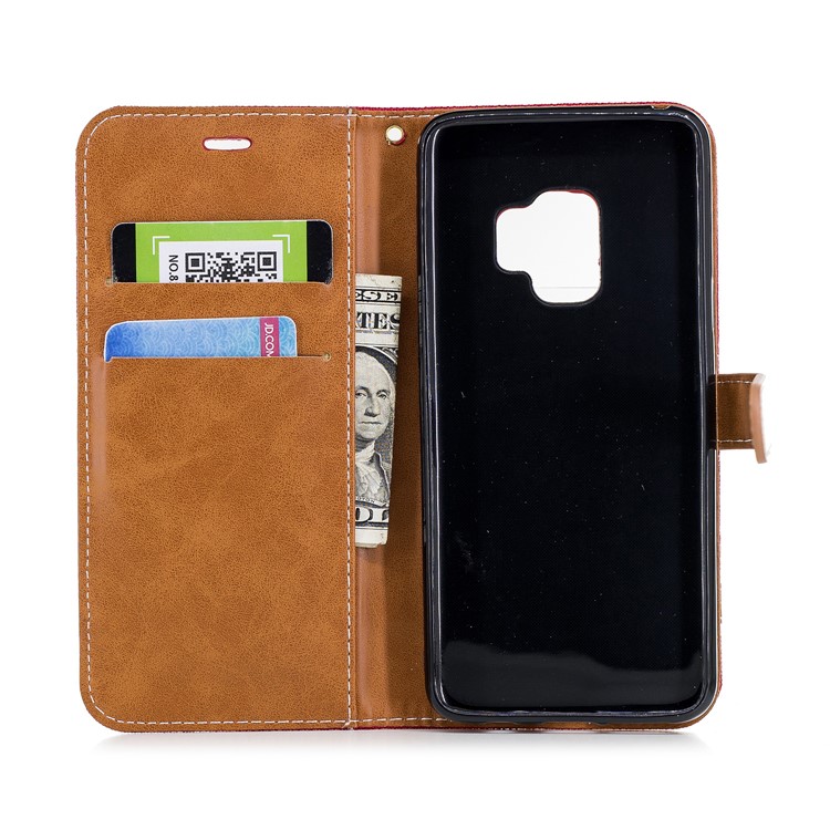 Jeans Cloth Texture Leather Wallet Stand Shell Case for Samsung Galaxy S9 G960 - Red-10