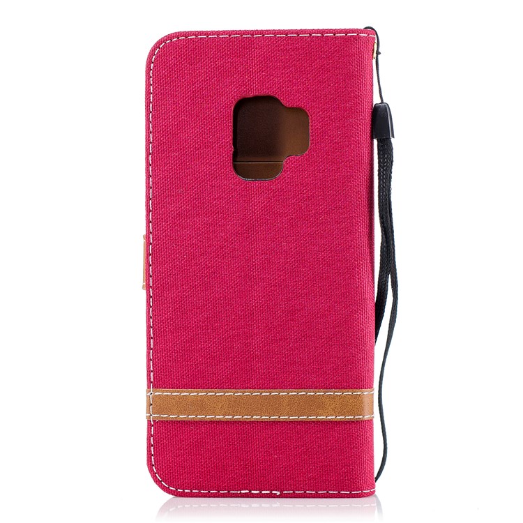 Jeans Cloth Texture Leather Wallet Stand Shell Case for Samsung Galaxy S9 G960 - Red-3