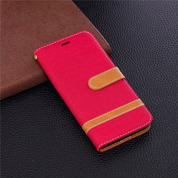 Jeans Cloth Texture Leather Wallet Stand Shell Case for Samsung Galaxy S9 G960 - Red-4