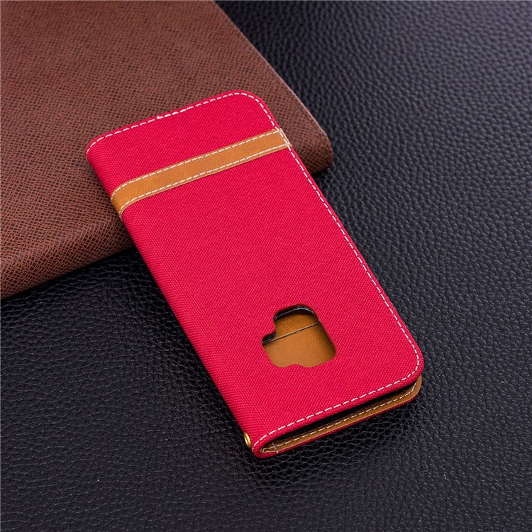 Jeans Cloth Texture Leather Wallet Stand Shell Case for Samsung Galaxy S9 G960 - Red-5