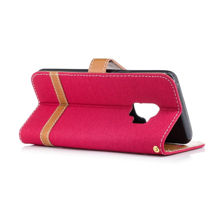 Jeans Cloth Texture Leather Wallet Stand Shell Case for Samsung Galaxy S9 G960 - Red-6