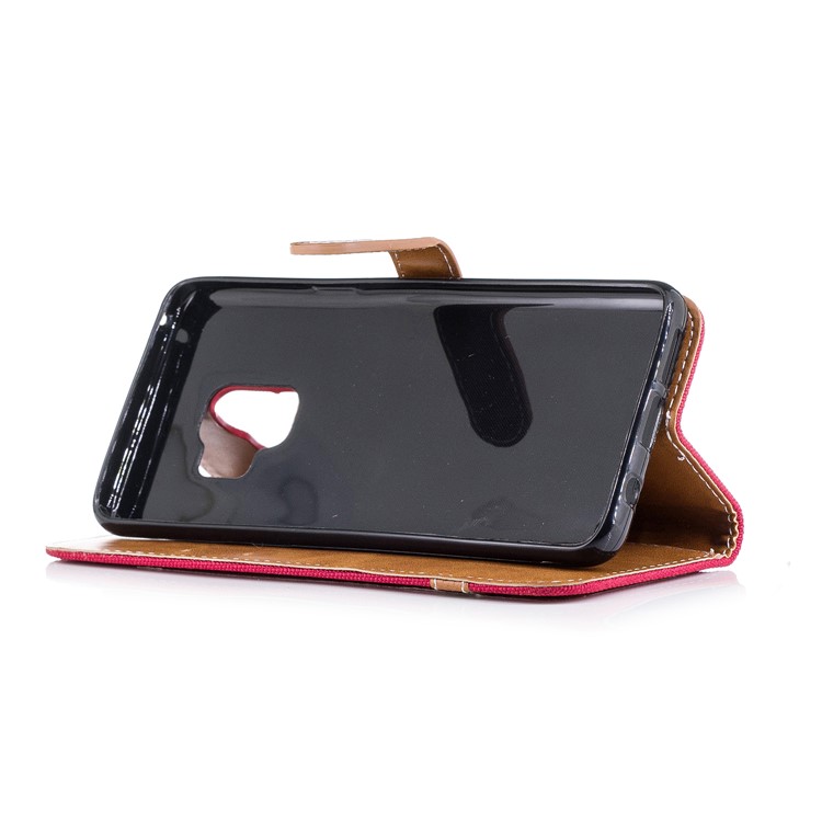 Jeans Cloth Texture Leather Wallet Stand Shell Case for Samsung Galaxy S9 G960 - Red-7