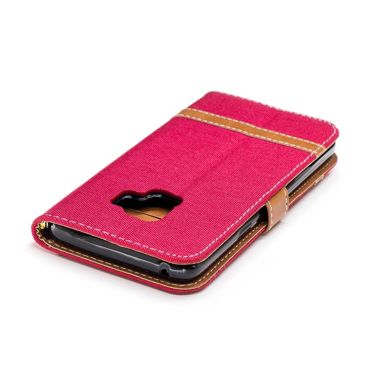 Jeans Cloth Texture Leather Wallet Stand Shell Case for Samsung Galaxy S9 G960 - Red-9