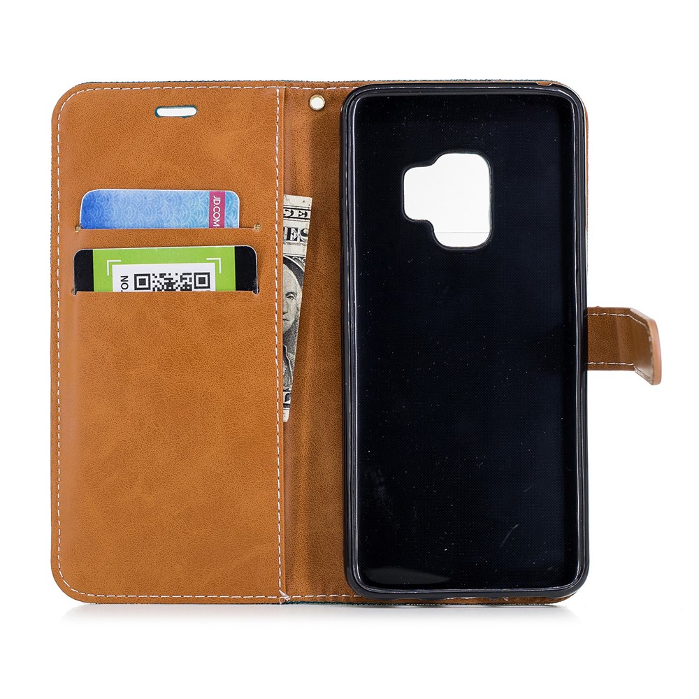 Jeans Cloth Texture PU Leather Flip Phone Cover for Samsung Galaxy S9 G960 - Green-10
