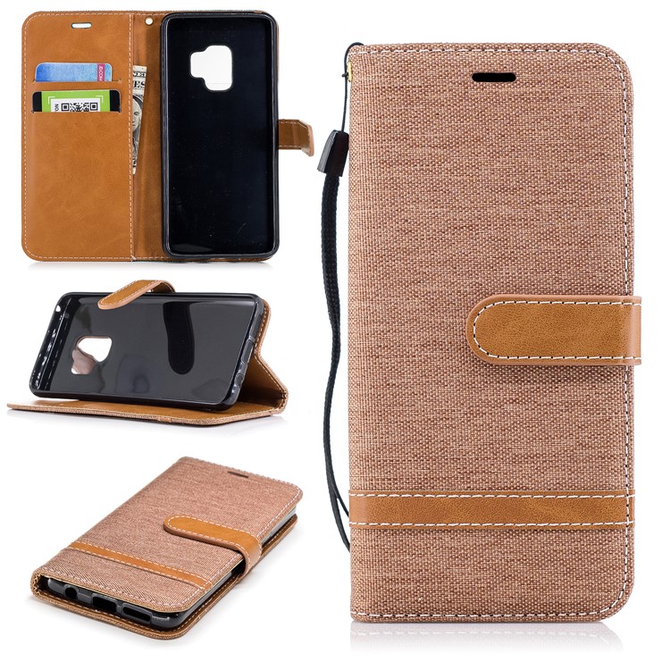 Jeans Cloth Texture Leather Wallet Stand Mobile Case for Samsung Galaxy S9 G960 - Khaki-1