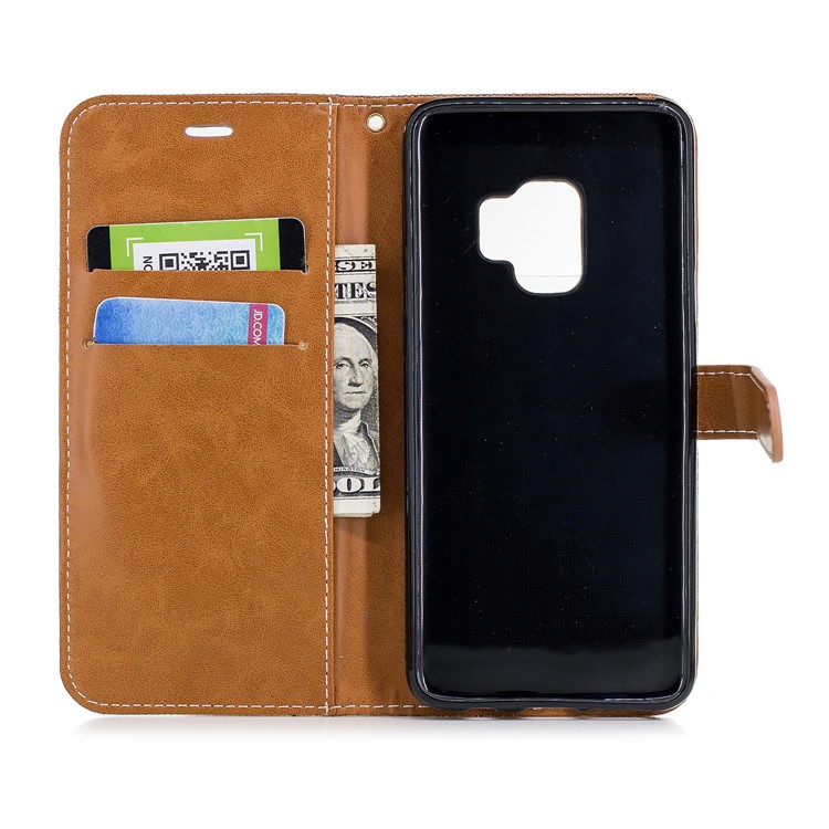 Jeans Cloth Texture Leather Wallet Stand Mobile Case for Samsung Galaxy S9 G960 - Khaki-10