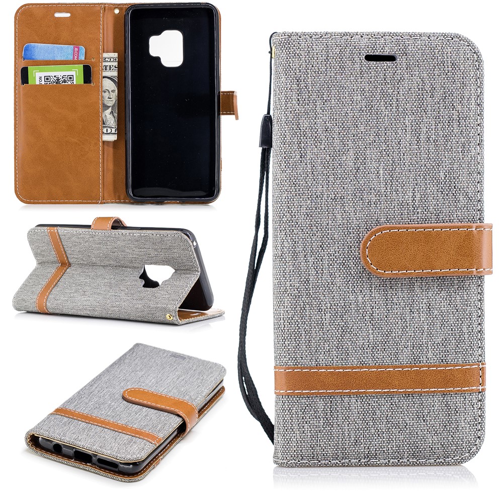Jeans Cloth Texture Wallet Stand Leather Mobile Casing for Samsung Galaxy S9 G960 - Grey-1