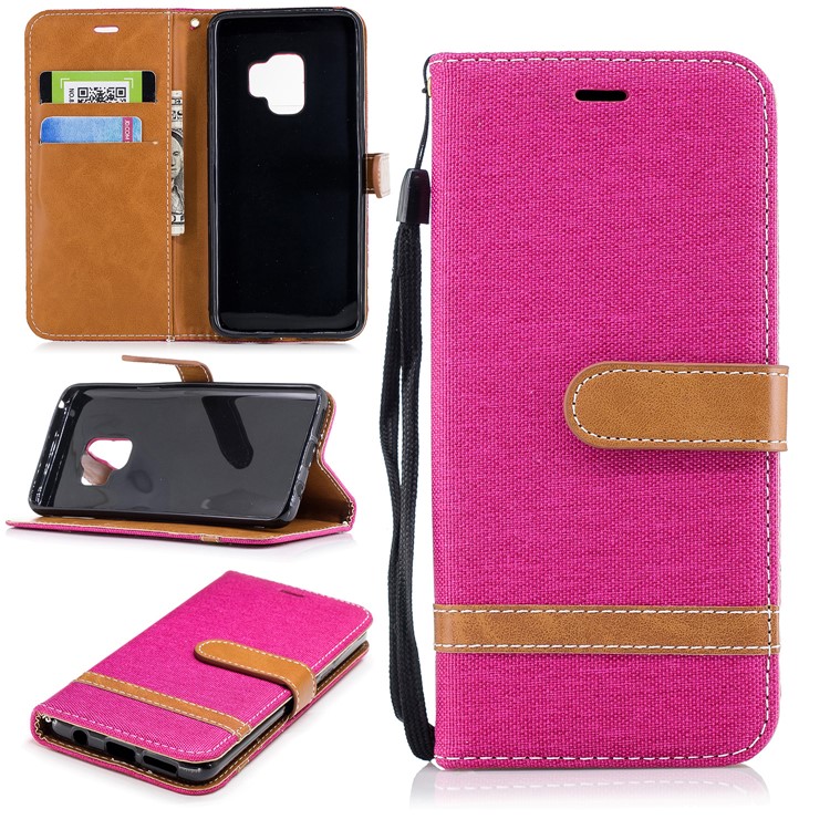 Jeans Cloth Texture Leather Wallet Stand Case Accessory for Samsung Galaxy S9 G960 - Rose-1