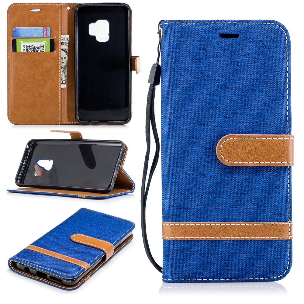 Jeans Cloth Texture Leather Wallet Stand Cellphone Cover Case for Samsung Galaxy S9 - Baby Blue-1