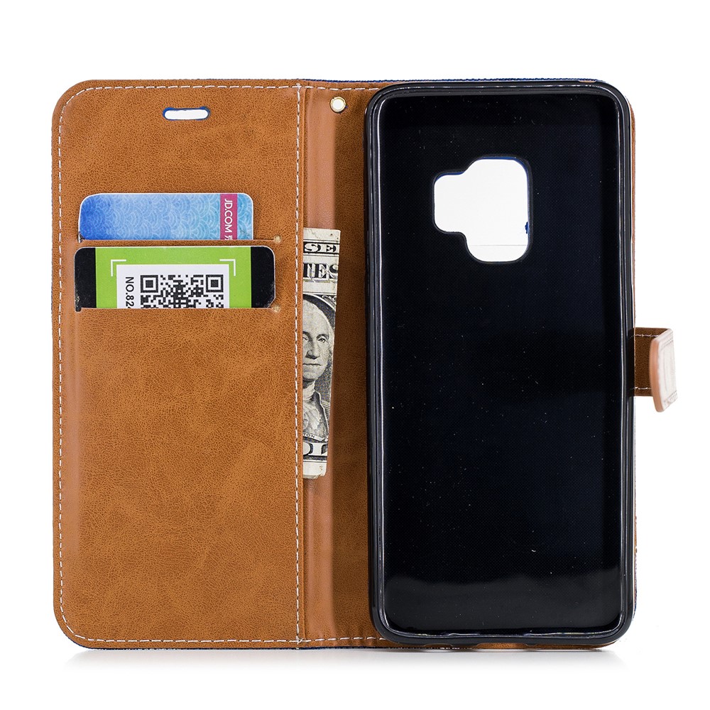 Jeans Cloth Texture Leather Wallet Stand Cellphone Cover Case for Samsung Galaxy S9 - Baby Blue-10