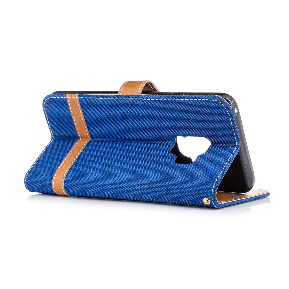 Jeans Cloth Texture Leather Wallet Stand Cellphone Cover Case for Samsung Galaxy S9 - Baby Blue-6