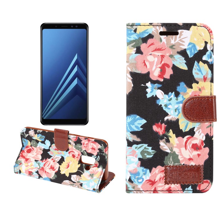 For Samsung Galaxy A8 (2018) Flower Pattern Leather Wallet Case - Black-1