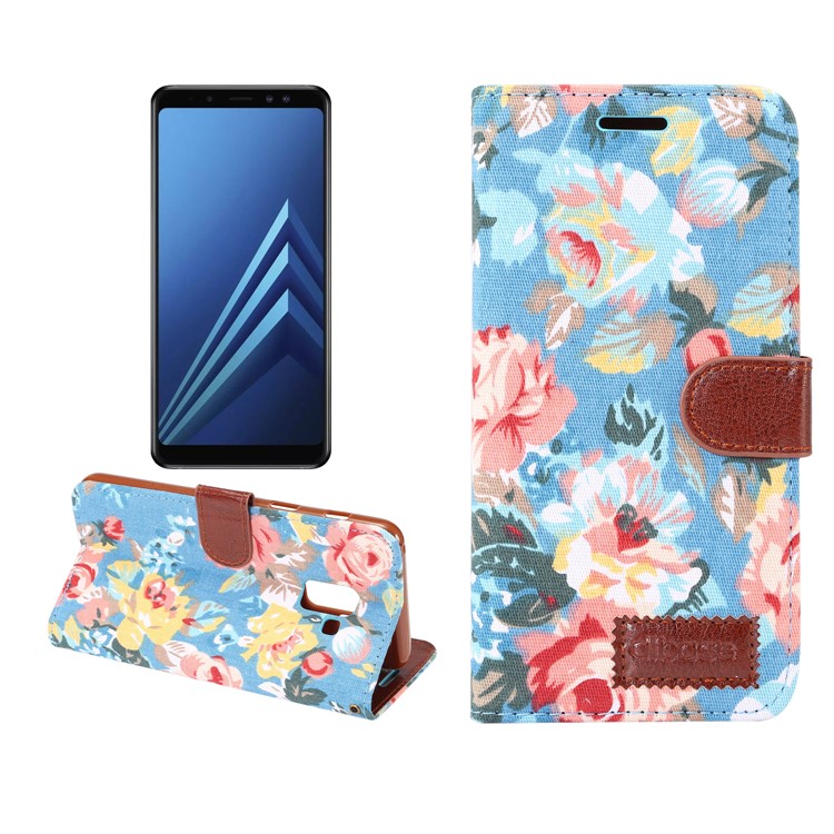 For Samsung Galaxy A8 (2018) Flower Pattern Leather Stand Wallet Mobile Casing - Blue-1