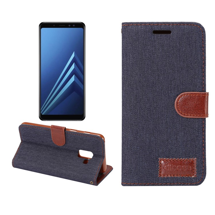 Jeans Cloth Card Holder Stand Leather Case for Samsung Galaxy A8 (2018) - Black Blue-1