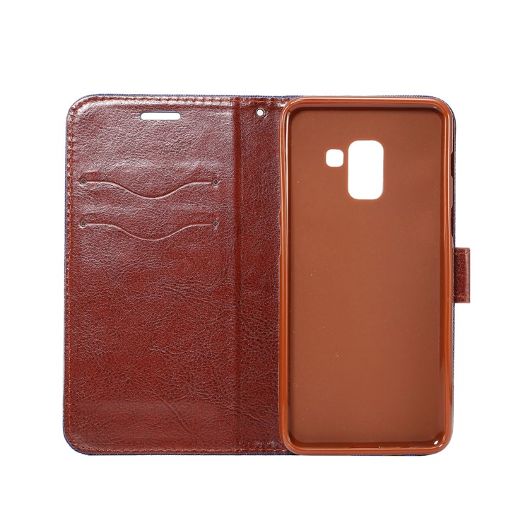 Jeans Cloth Card Holder Stand Leather Case for Samsung Galaxy A8 (2018) - Black Blue-4
