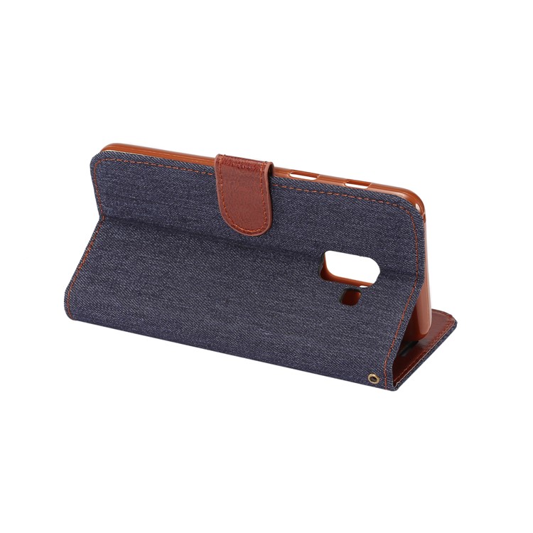 Jeans Cloth Card Holder Stand Leather Case for Samsung Galaxy A8 (2018) - Black Blue-5