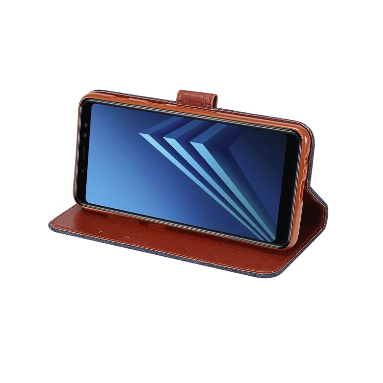 Jeans Cloth Card Holder Stand Leather Case for Samsung Galaxy A8 (2018) - Black Blue-6