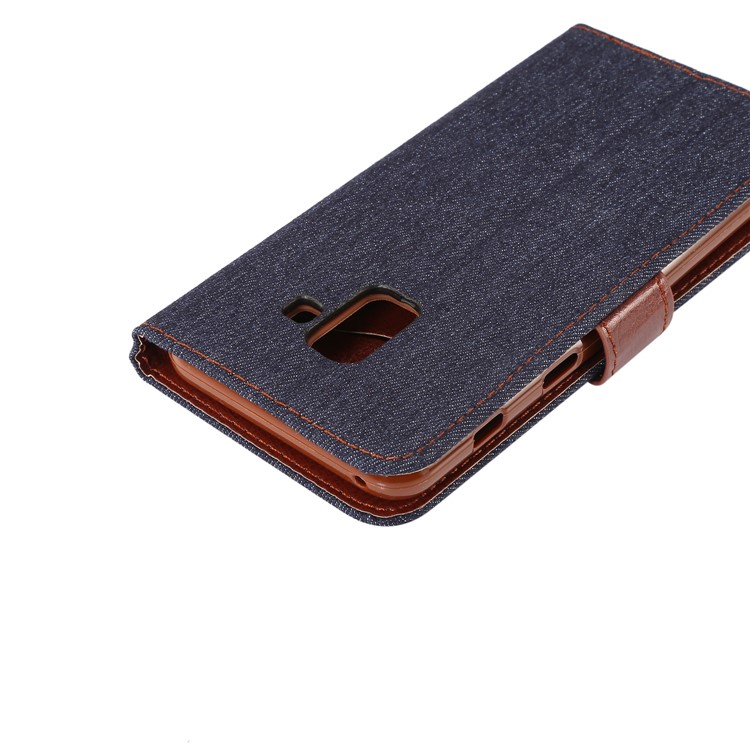 Jeans Cloth Card Holder Stand Leather Case for Samsung Galaxy A8 (2018) - Black Blue-7