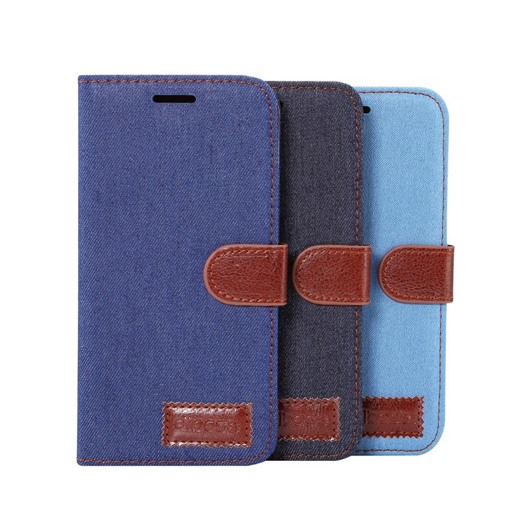 Jeans Cloth Card Holder Stand Leather Case for Samsung Galaxy A8 (2018) - Black Blue-8