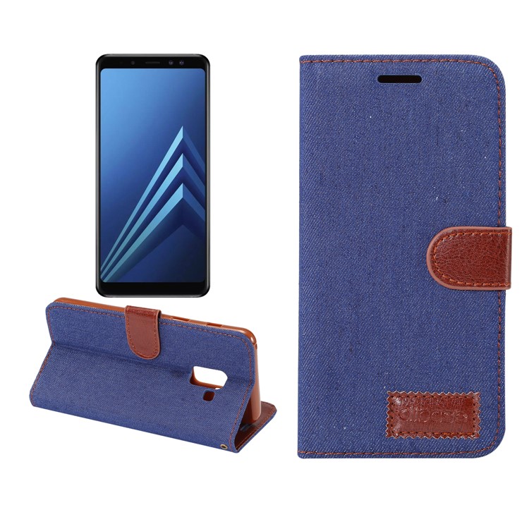 Jeans Cloth Card Holder Stand Leather Cover for Samsung Galaxy A8 (2018) - Dark Blue-1