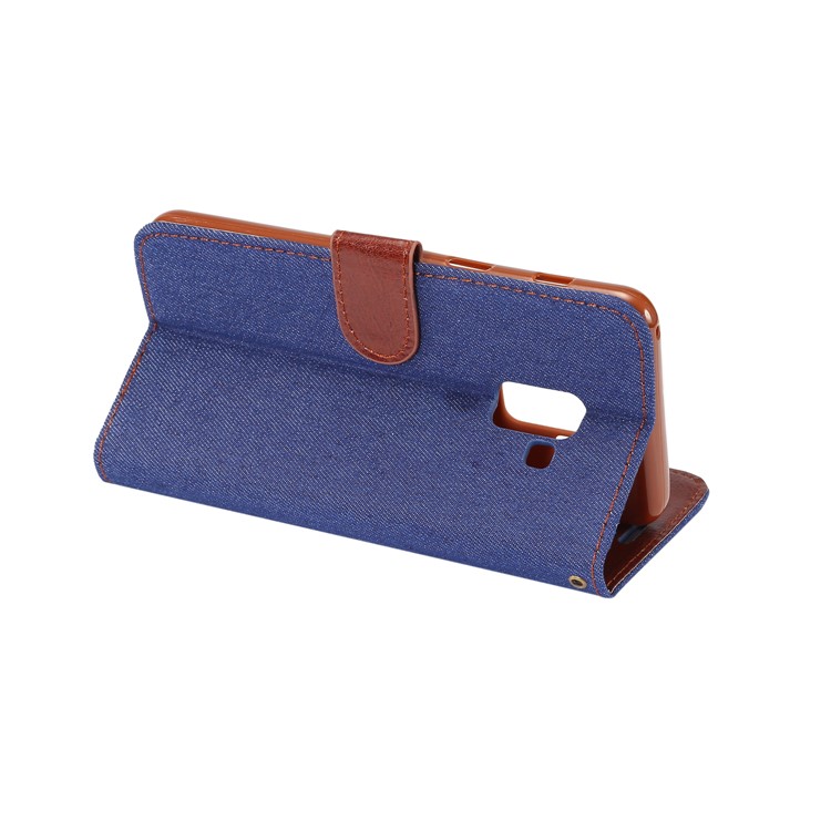 Jeans Cloth Card Holder Stand Leather Cover for Samsung Galaxy A8 (2018) - Dark Blue-4