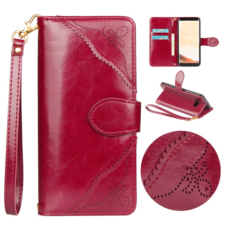Laser Carving Retro PU Leather Wallet Stand Cover for Samsung Galaxy S8 G950 - Red-1