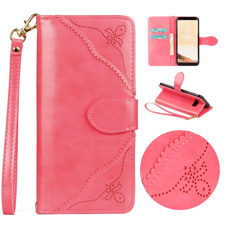 Laser Carving Retro PU Leather Wallet Stand Shell for Samsung Galaxy S8 G950 - Rose-1