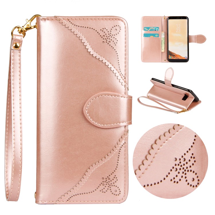 Laser Carving Pattern Retro Leather Stand Phone Case for Samsung Galaxy S8+ G955 - Gold-1
