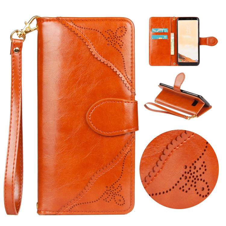 Laser Carving Pattern Retro Leather Wallet Mobile Casing for Samsung Galaxy S8+ G955 - Brown-1