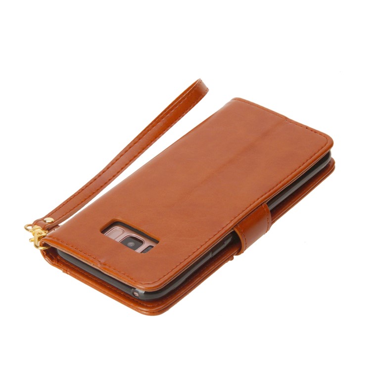 Laser Carving Pattern Retro Leather Wallet Mobile Casing for Samsung Galaxy S8+ G955 - Brown-10