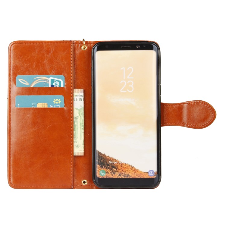 Laser Carving Pattern Retro Leather Wallet Mobile Casing for Samsung Galaxy S8+ G955 - Brown-4