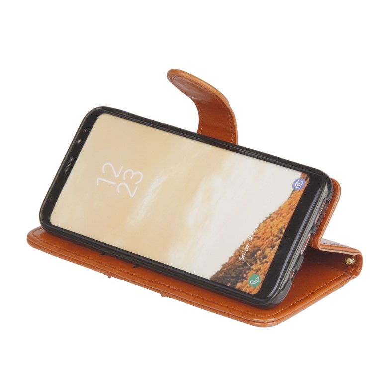 Laser Carving Pattern Retro Leather Wallet Mobile Casing for Samsung Galaxy S8+ G955 - Brown-8