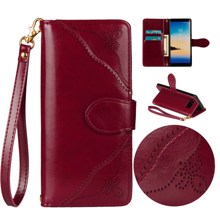 Laser Carving Retro PU Leather Wallet Stand Cover for Samsung Galaxy Note 8 SM-N950 - Red-1