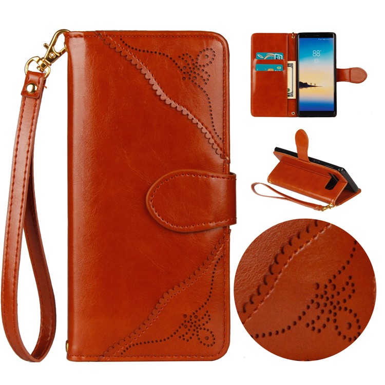 Laser Carving Retro PU Leather Wallet Stand Mobile Phone Case for Samsung Galaxy Note 8 SM-N950 - Brown-1