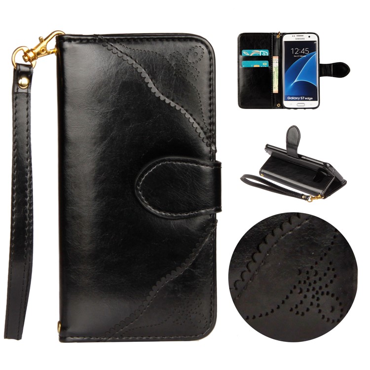 Laser Carving Retro PU Leather Wallet Stand Case for Samsung Galaxy S7 edge SM-G935 - Black-1