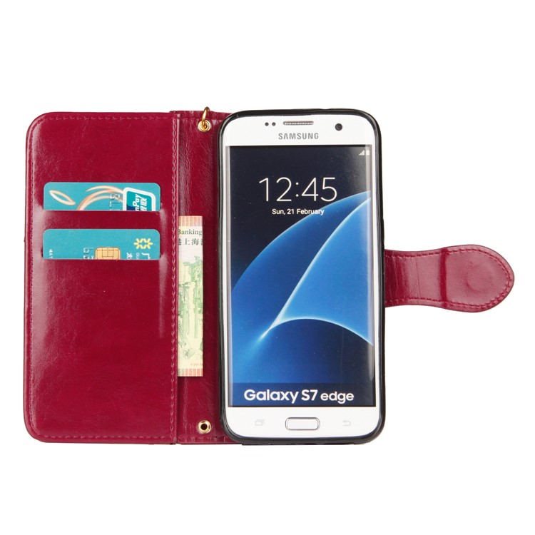 Laser Carving Retro PU Leather Wallet Stand Cover for Samsung Galaxy S7 edge SM-G935 - Red-4
