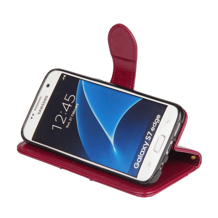 Laser Carving Retro PU Leather Wallet Stand Cover for Samsung Galaxy S7 edge SM-G935 - Red-8