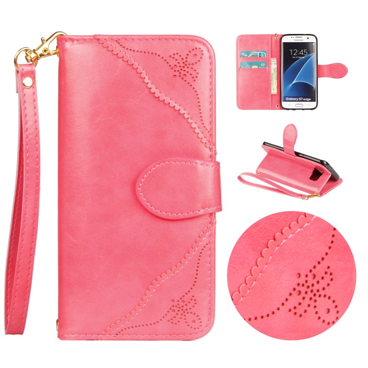 Laser Carving Retro PU Leather Wallet Stand Shell for Samsung Galaxy S7 edge SM-G935 - Rose-1