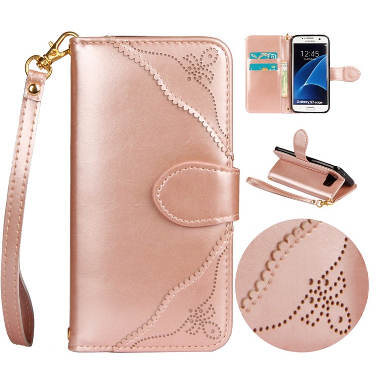 Laser Carving Retro PU Leather Wallet Stand Casing for Samsung Galaxy S7 edge SM-G935 - Gold-1