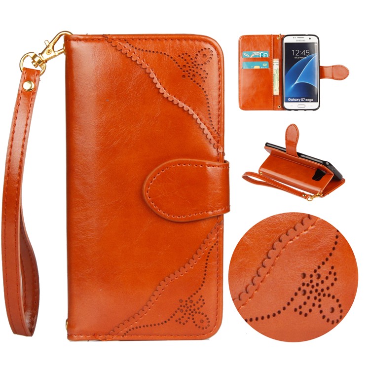 Laser Carving Retro PU Leather Wallet Stand Mobile Phone Case for Samsung Galaxy S7 edge SM-G935 - Brown-1