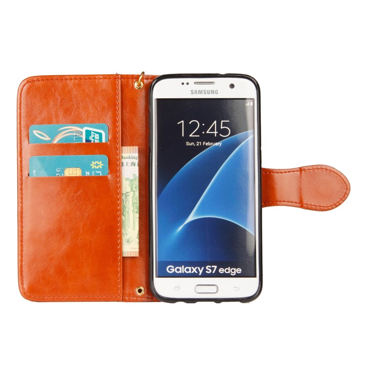 Laser Carving Retro PU Leather Wallet Stand Mobile Phone Case for Samsung Galaxy S7 edge SM-G935 - Brown-4