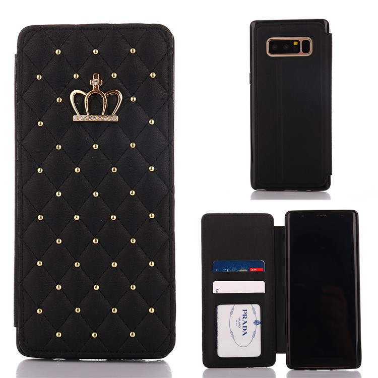 Stitching Rhombus Crown Card Holder Stand Leather Cover for Samsung Galaxy Note 8 N950 - Black-1