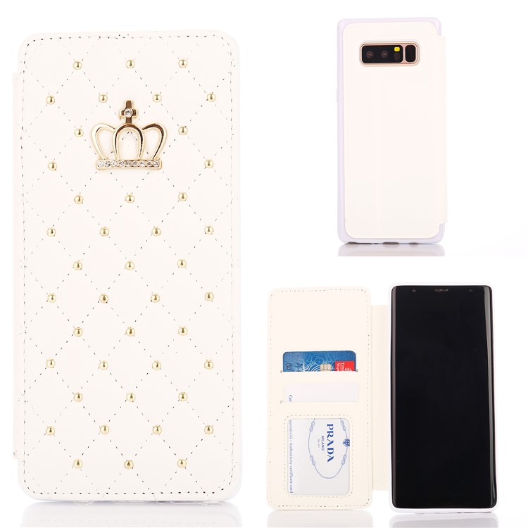 Stitching Rhombus Crown Card Holder Leather Flip Case for Samsung Galaxy Note 8 N950 - White-1